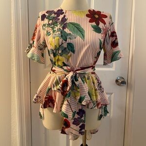 Floral Flutter Sleeve Peplum Blouse with Tie Front